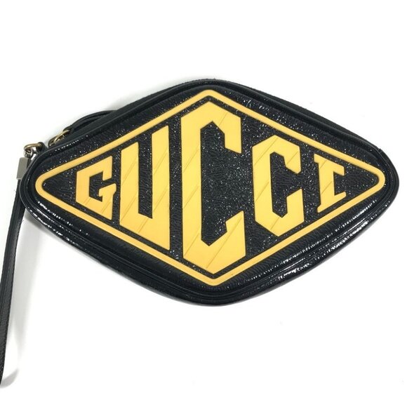GUCCI 524316 Game List Logo Pouch with strap Clutch bag Black/yellow - Picture 1 of 13